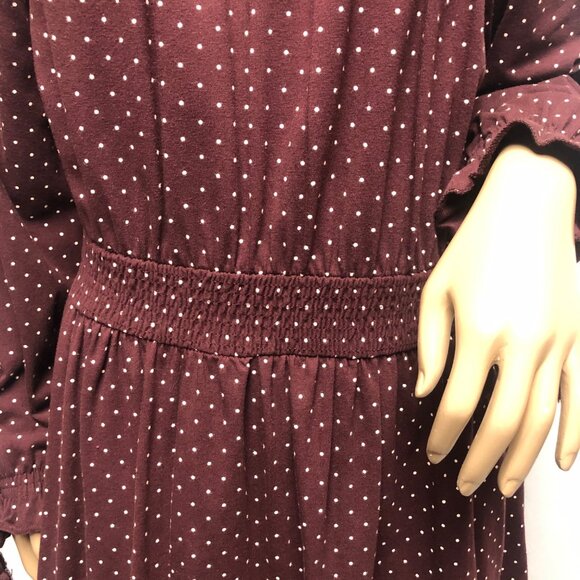 TopShop Peasant Dress Womens Size 10 Maroon White Polka Dots Smocked Long Sleeve - Picture 3 of 10